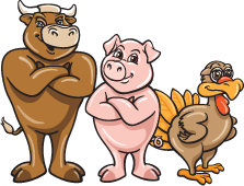 Cartoon images of Moo, Oink & Gobble