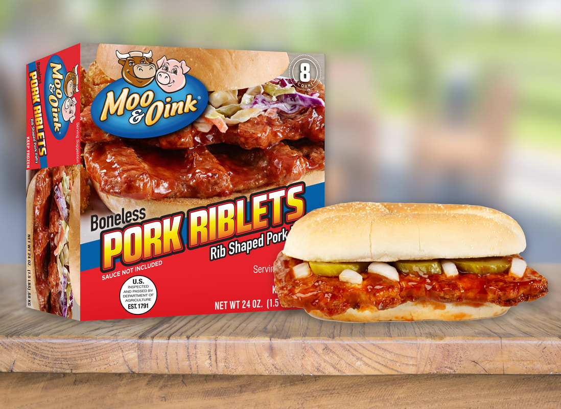 Package shot of our Pork Riblet with a delicious barbecue riblet sandwich